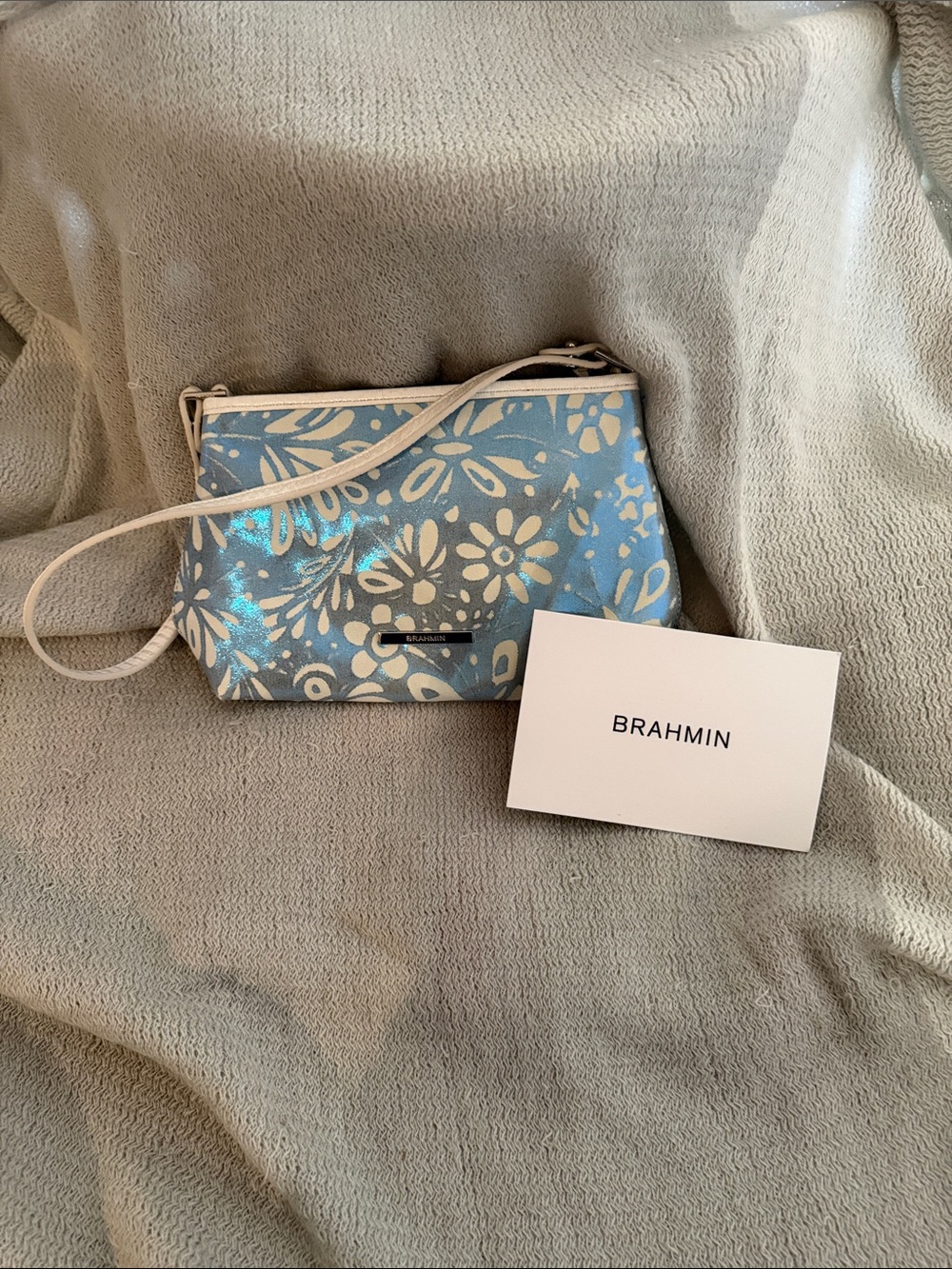 Brahmin Powder Blue Floral Crossbody with White Trim